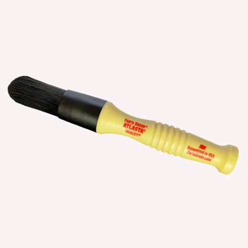 Atlasta Parts Brush with yellow handle, red logo and black brush head for car detailing.